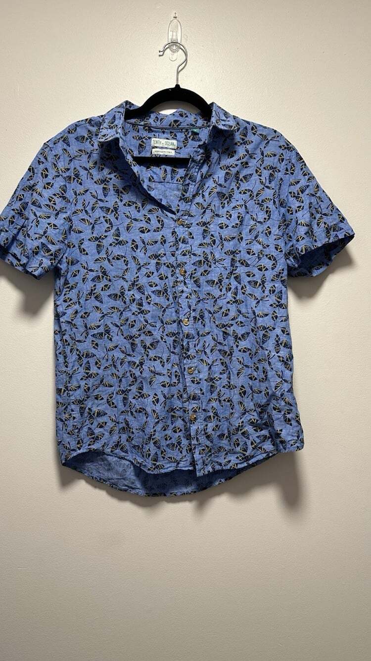 Tenth + Ocean Washable Linen Shirt M Blue Tropical Print Button Up Short Sleeve